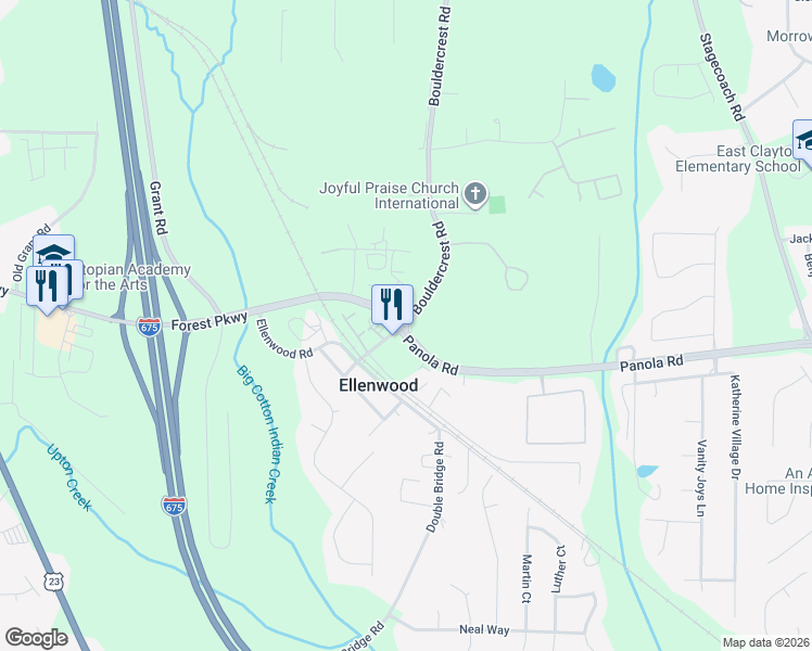 map of restaurants, bars, coffee shops, grocery stores, and more near 5199 Bouldercrest Road in Ellenwood