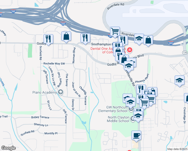map of restaurants, bars, coffee shops, grocery stores, and more near 5235 Hanover Street in Atlanta