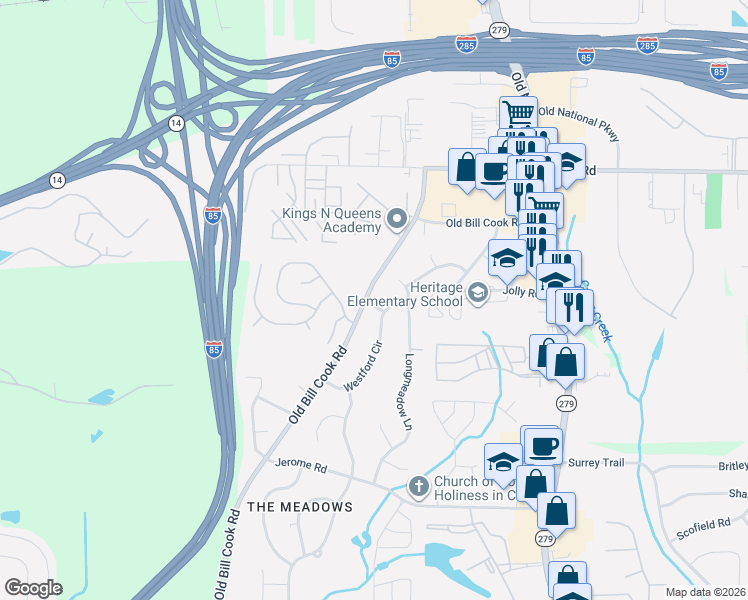map of restaurants, bars, coffee shops, grocery stores, and more near 5275 Old Bill Cook Road in Atlanta
