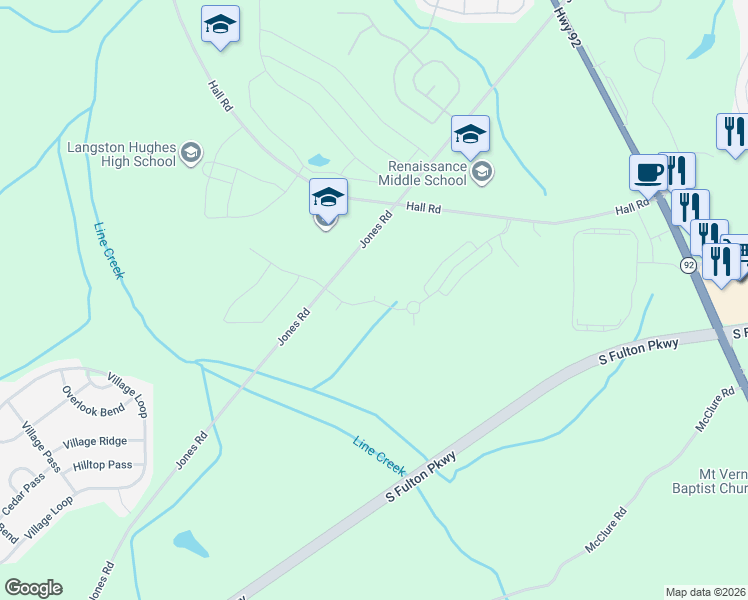 map of restaurants, bars, coffee shops, grocery stores, and more near 6554-7330 Jones Rd in Fairburn