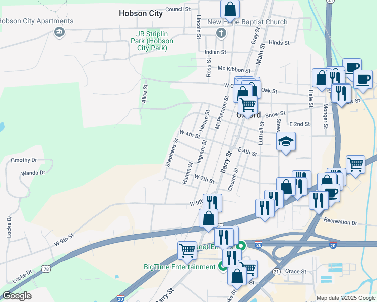 map of restaurants, bars, coffee shops, grocery stores, and more near 316 West 5th Street in Oxford