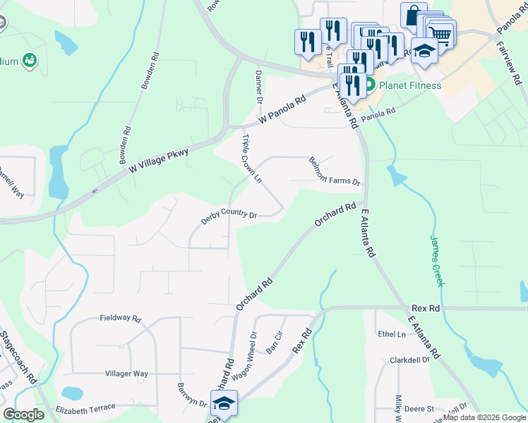 map of restaurants, bars, coffee shops, grocery stores, and more near 50 Derby Country Drive in Ellenwood