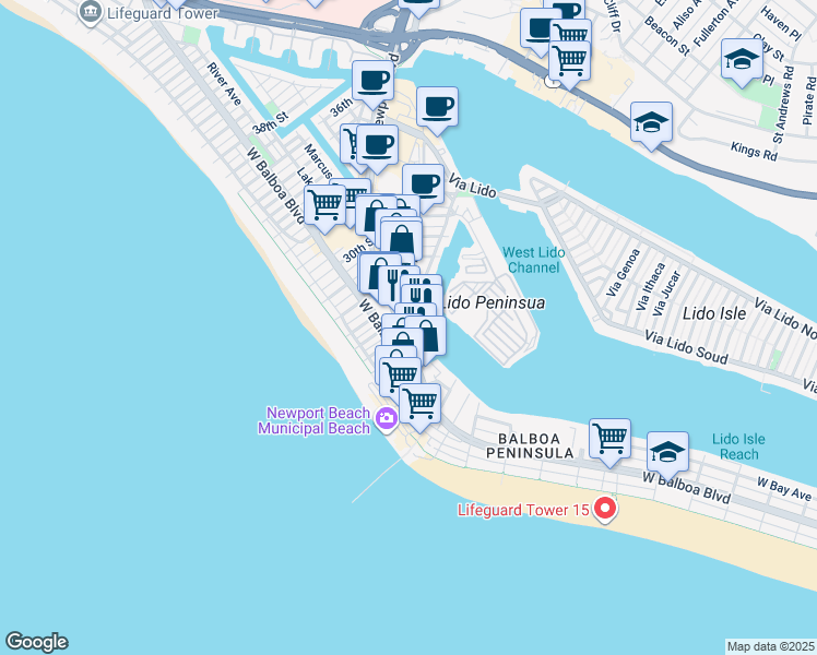 map of restaurants, bars, coffee shops, grocery stores, and more near 2600 Newport Boulevard in Newport Beach
