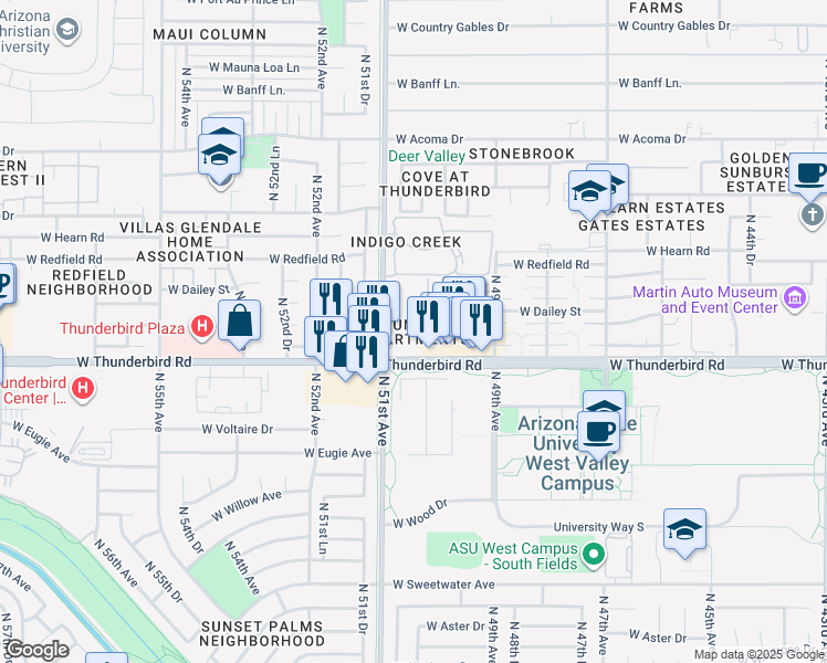 map of restaurants, bars, coffee shops, grocery stores, and more near 5020 West Thunderbird Road in Glendale
