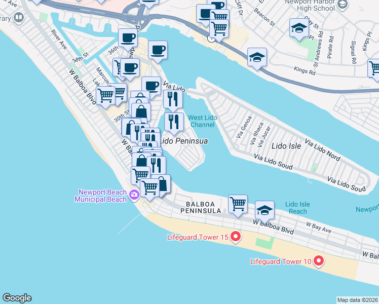 map of restaurants, bars, coffee shops, grocery stores, and more near 28 Cabrillo Street in Newport Beach