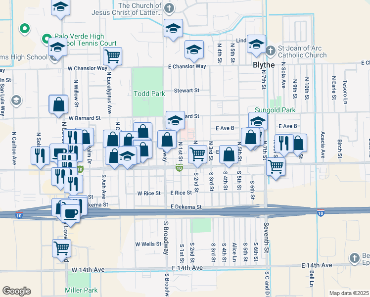 map of restaurants, bars, coffee shops, grocery stores, and more near 167 North 1st Street in Blythe