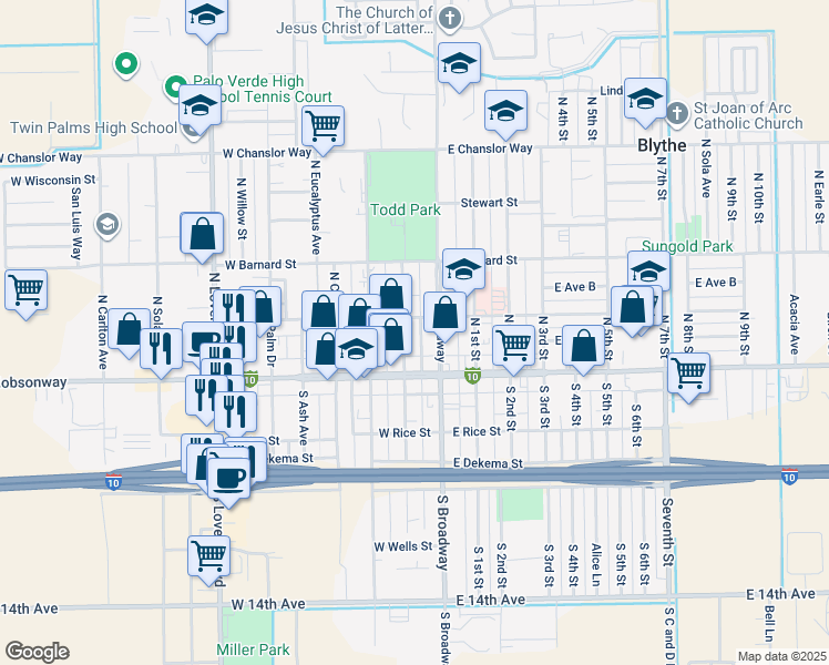 map of restaurants, bars, coffee shops, grocery stores, and more near 185 North Spring Street in Blythe