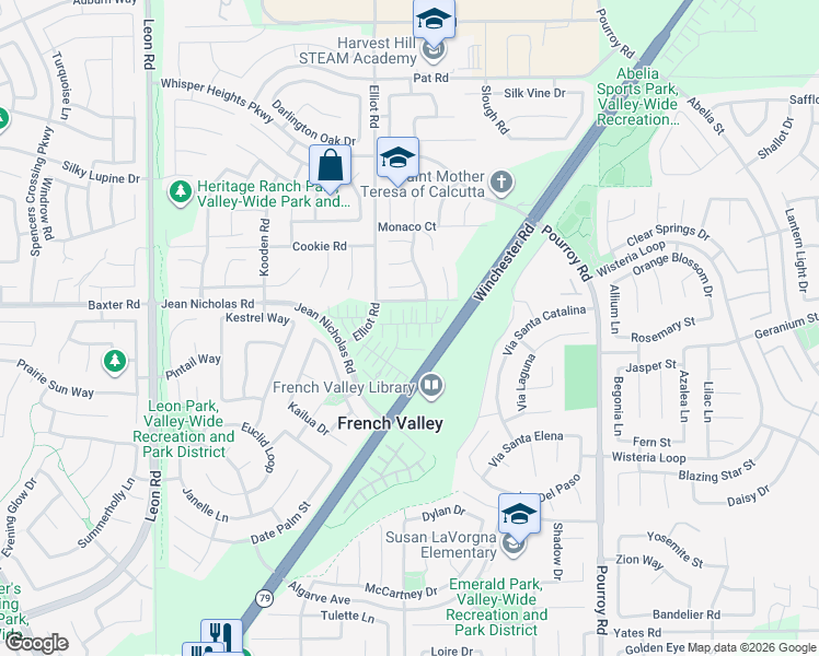 map of restaurants, bars, coffee shops, grocery stores, and more near 31595 Cobalite Drive in French Valley