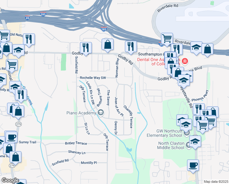 map of restaurants, bars, coffee shops, grocery stores, and more near 5251 Joan of Arc Place in Atlanta