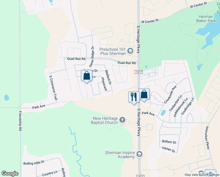 map of restaurants, bars, coffee shops, grocery stores, and more near 1422 Mallard Drive in Sherman
