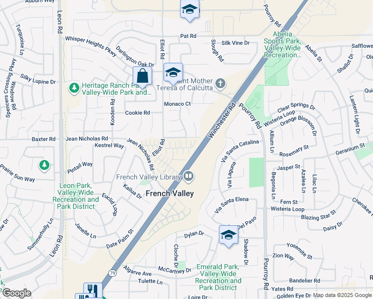map of restaurants, bars, coffee shops, grocery stores, and more near 31649 Cobalite Drive in French Valley