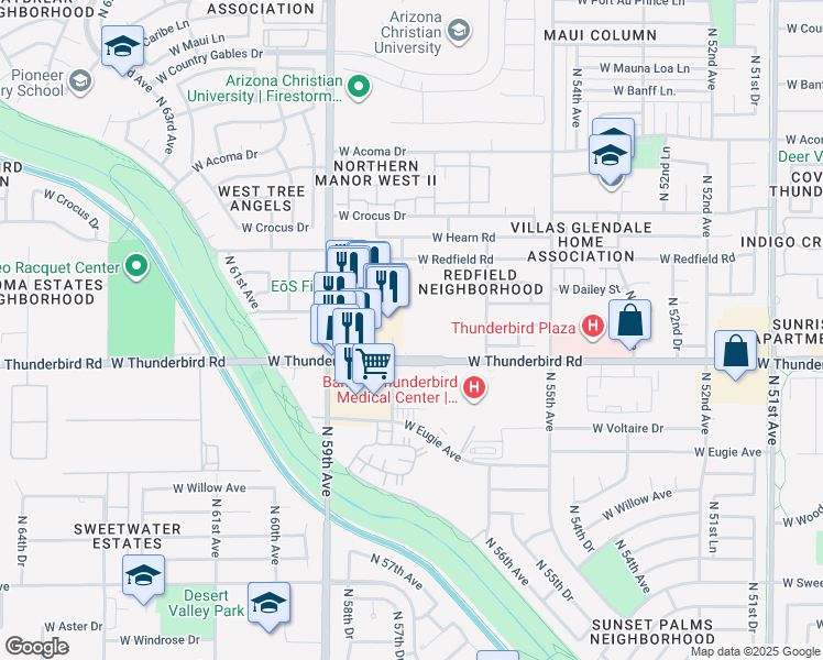 map of restaurants, bars, coffee shops, grocery stores, and more near 5750 West Thunderbird Road in Glendale