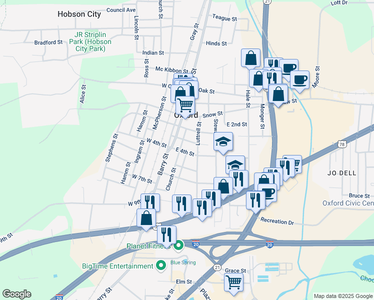 map of restaurants, bars, coffee shops, grocery stores, and more near 116 East 3rd Street in Oxford