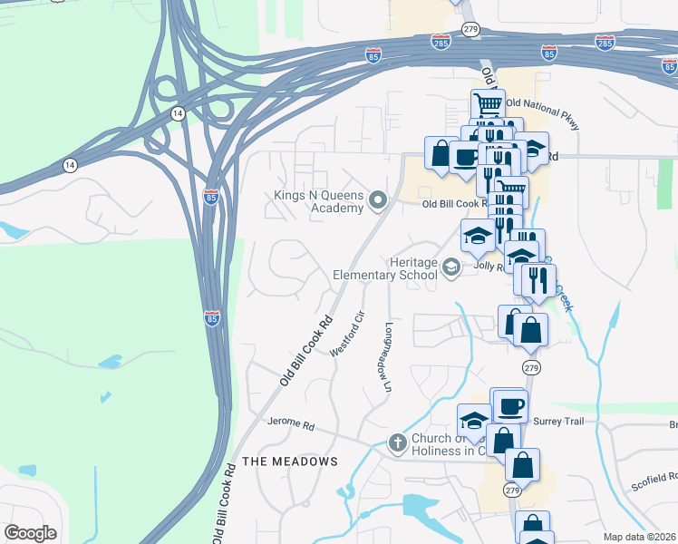 map of restaurants, bars, coffee shops, grocery stores, and more near 2715 High Tide Drive in Atlanta