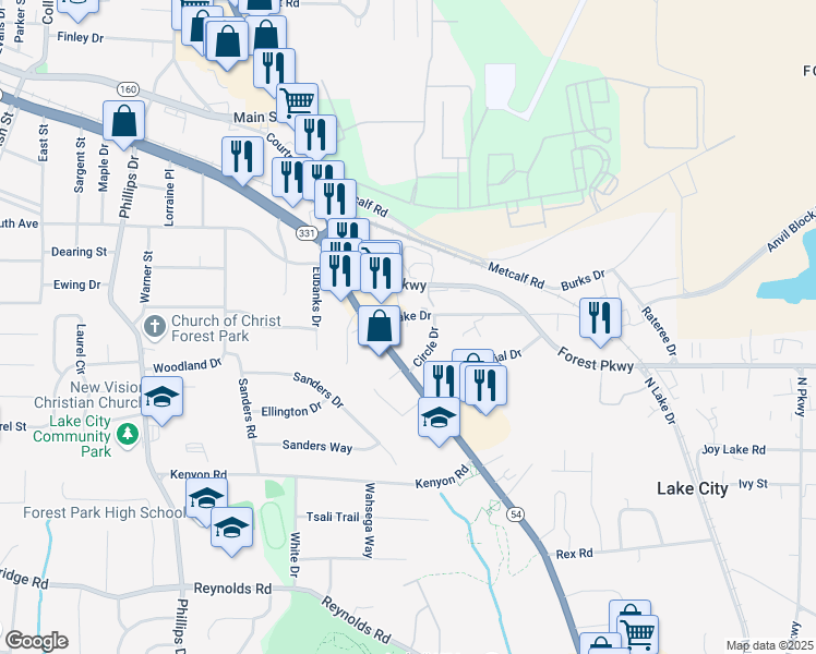 map of restaurants, bars, coffee shops, grocery stores, and more near 5047 North Lake Drive in Morrow