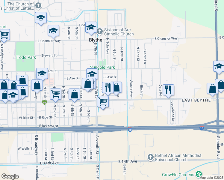 map of restaurants, bars, coffee shops, grocery stores, and more near 951 East Avenue A in Blythe
