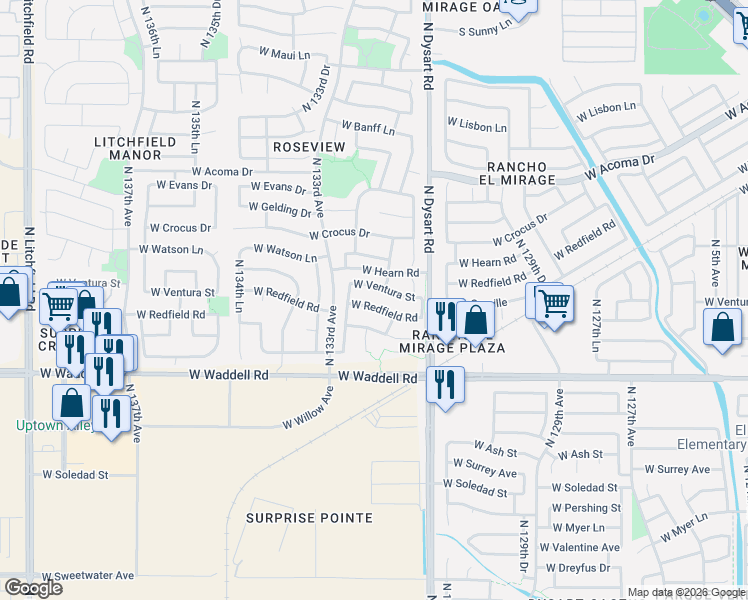 map of restaurants, bars, coffee shops, grocery stores, and more near 13189 West Ventura Street in Surprise