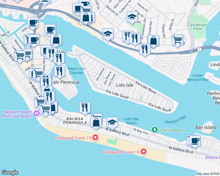 map of restaurants, bars, coffee shops, grocery stores, and more near 111 Via Koron in Newport Beach