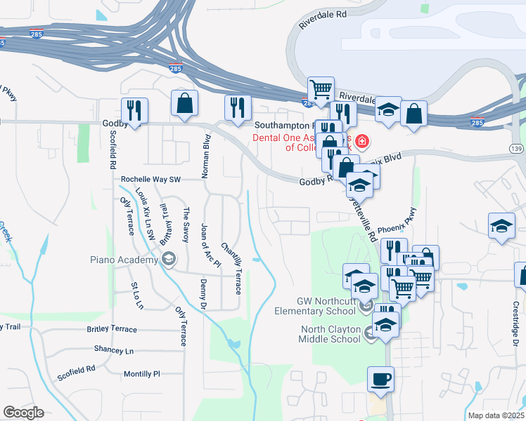 map of restaurants, bars, coffee shops, grocery stores, and more near 5248 Hanover Street in Atlanta