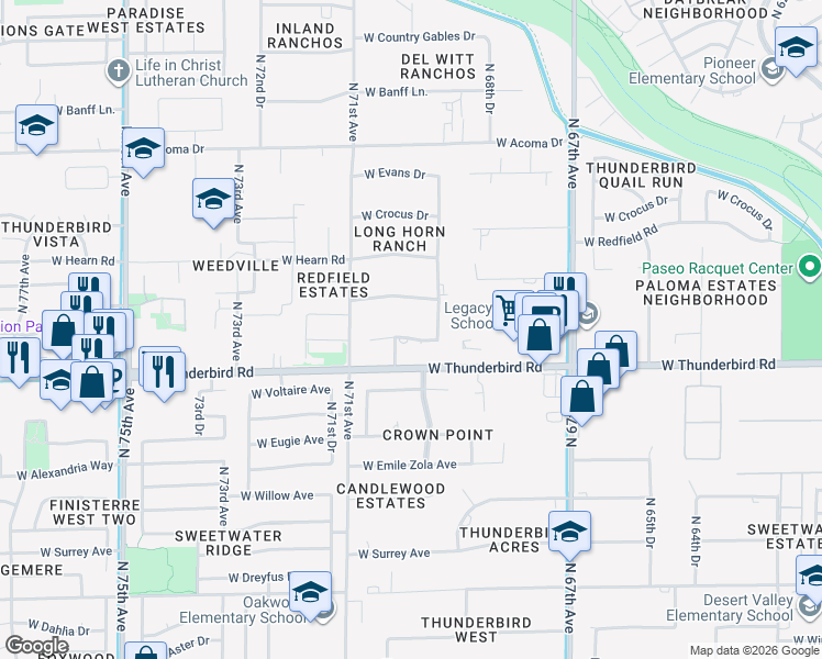 map of restaurants, bars, coffee shops, grocery stores, and more near 6968 West Calavar Road in Peoria