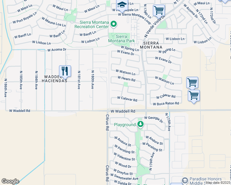 map of restaurants, bars, coffee shops, grocery stores, and more near 17853 West Redfield Road in Surprise