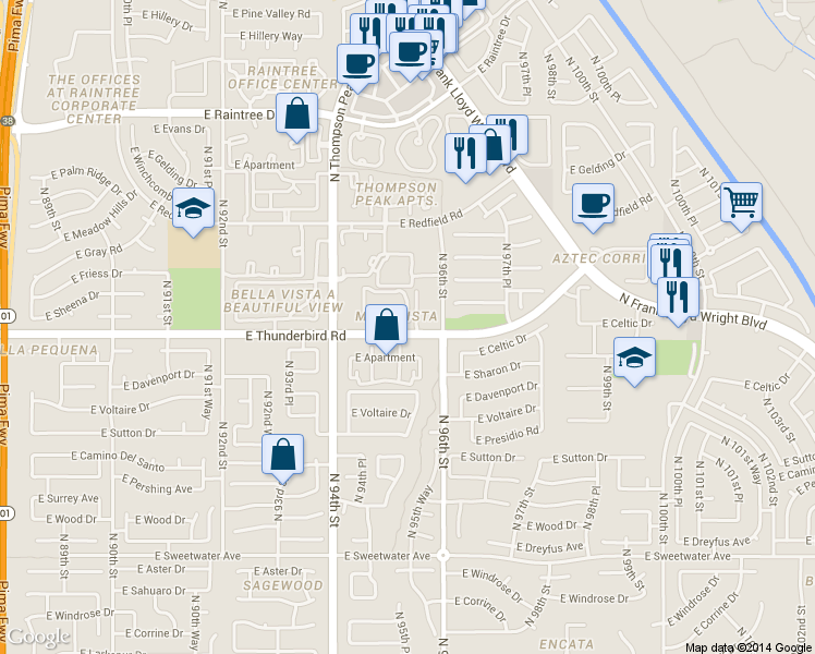 map of restaurants, bars, coffee shops, grocery stores, and more near E Apartment in Scottsdale