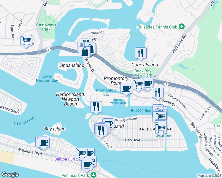 map of restaurants, bars, coffee shops, grocery stores, and more near in Newport Beach