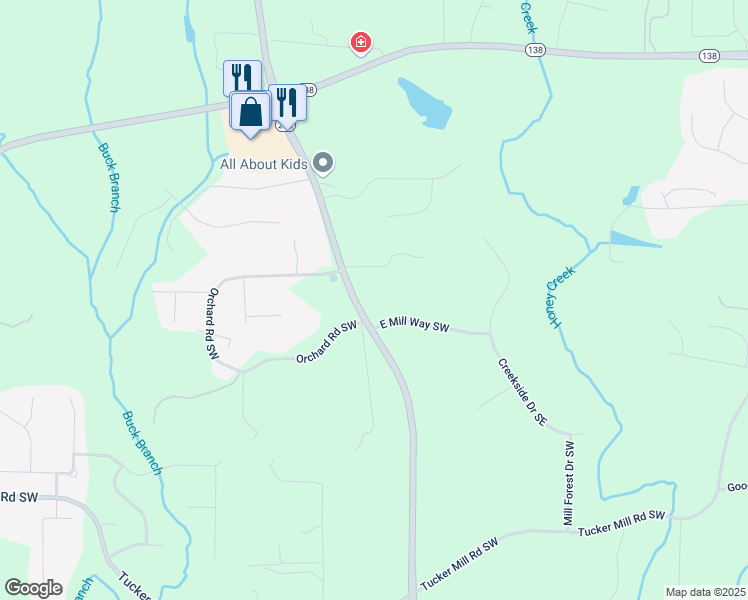 map of restaurants, bars, coffee shops, grocery stores, and more near 2701 East Mill Way Southwest in Conyers