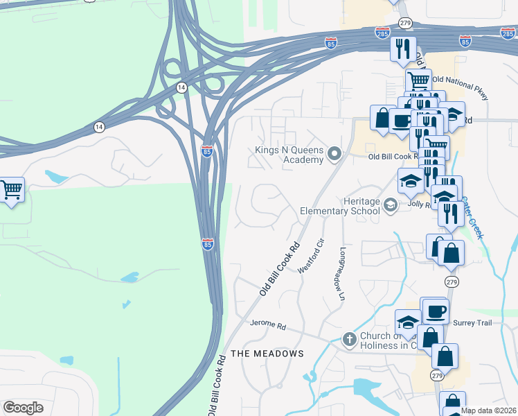 map of restaurants, bars, coffee shops, grocery stores, and more near 2830 High Tide Drive in College Park