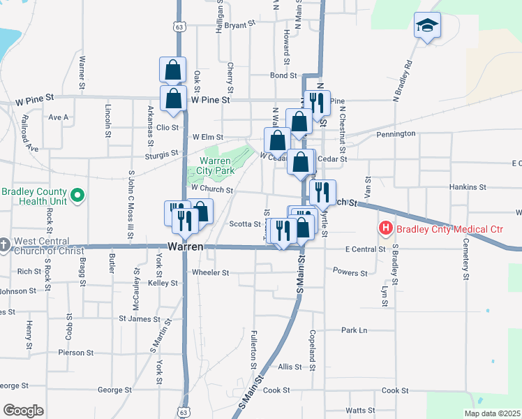 map of restaurants, bars, coffee shops, grocery stores, and more near 302 Turner Street in Warren
