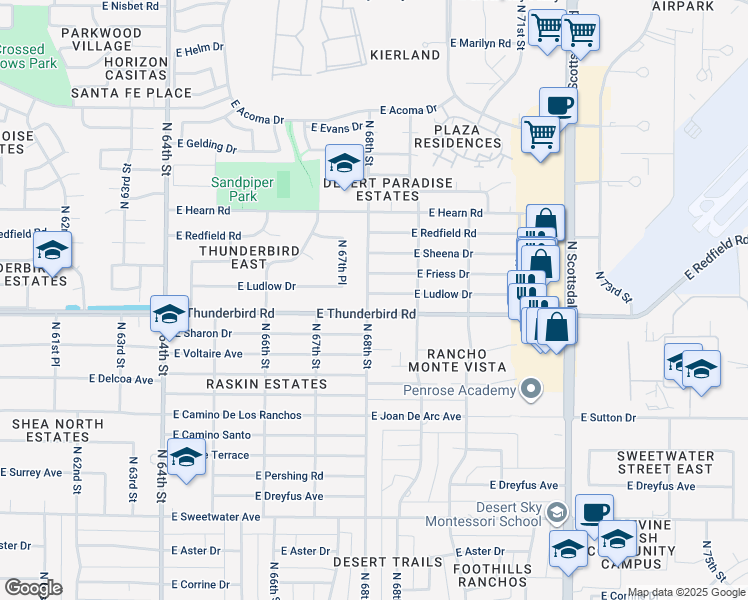 map of restaurants, bars, coffee shops, grocery stores, and more near 6801 East Ludlow Drive in Scottsdale