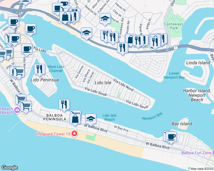 map of restaurants, bars, coffee shops, grocery stores, and more near 200 Via Orvieto in Newport Beach