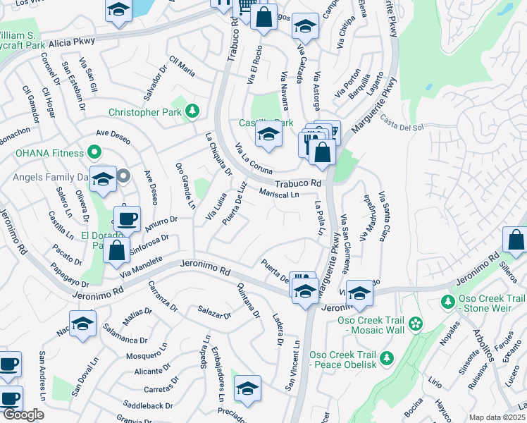 map of restaurants, bars, coffee shops, grocery stores, and more near 24181 Torena Circle in Mission Viejo