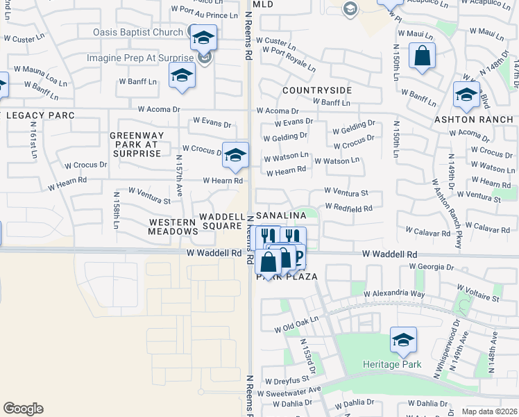 map of restaurants, bars, coffee shops, grocery stores, and more near 15491 West Redfield Road in Surprise