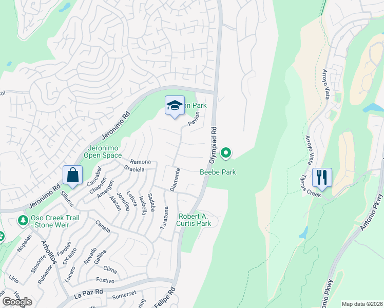 map of restaurants, bars, coffee shops, grocery stores, and more near 28471 La Noche in Mission Viejo