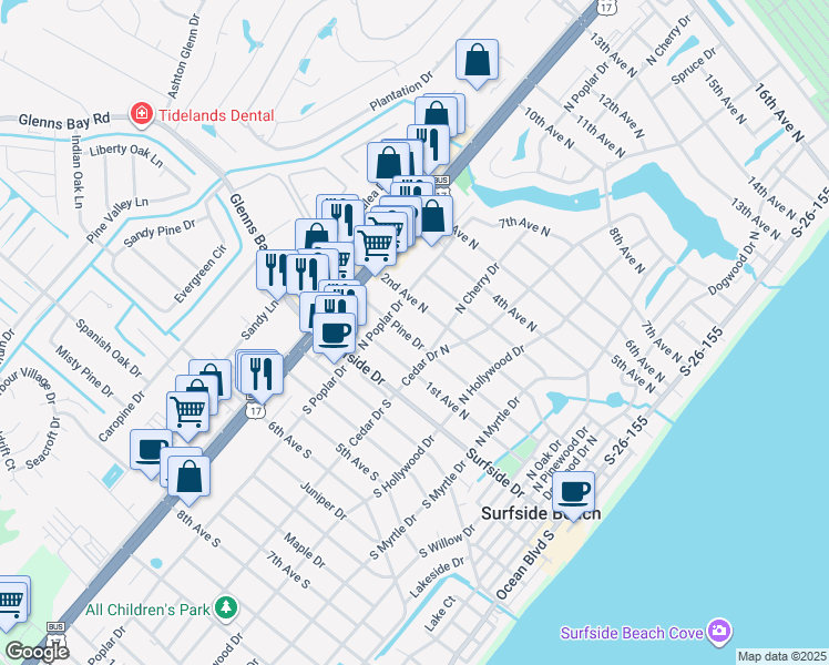 map of restaurants, bars, coffee shops, grocery stores, and more near 716 Pine Drive in Surfside Beach