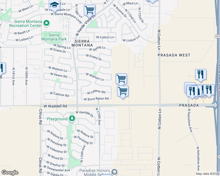 map of restaurants, bars, coffee shops, grocery stores, and more near 17421 W Ventura St in Surprise