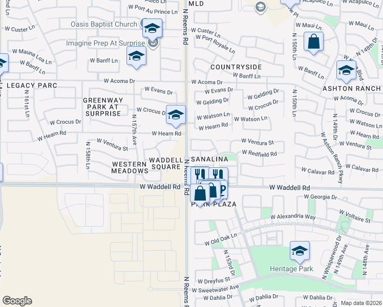 map of restaurants, bars, coffee shops, grocery stores, and more near 15491 West Redfield Road in Surprise