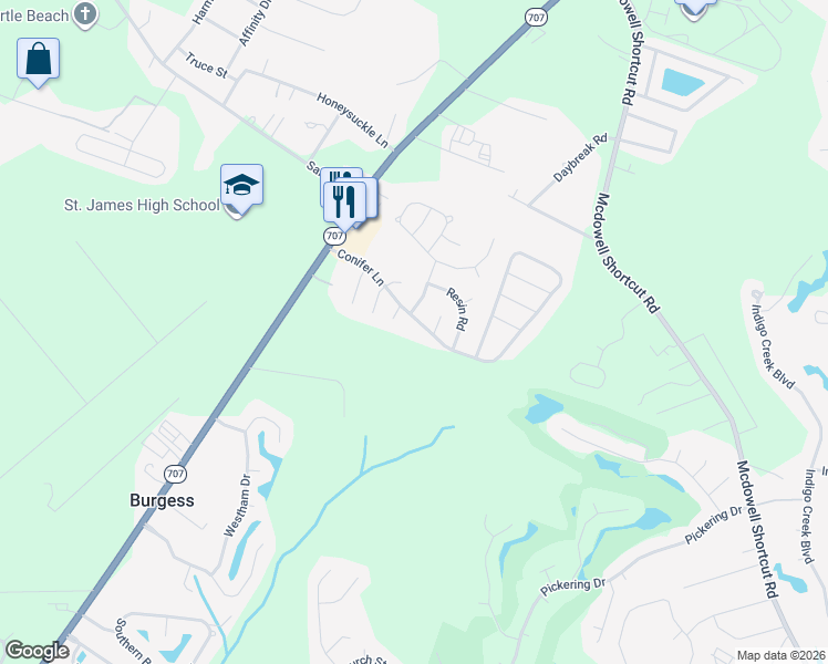 map of restaurants, bars, coffee shops, grocery stores, and more near 9924 Conifer Lane in Murrells Inlet