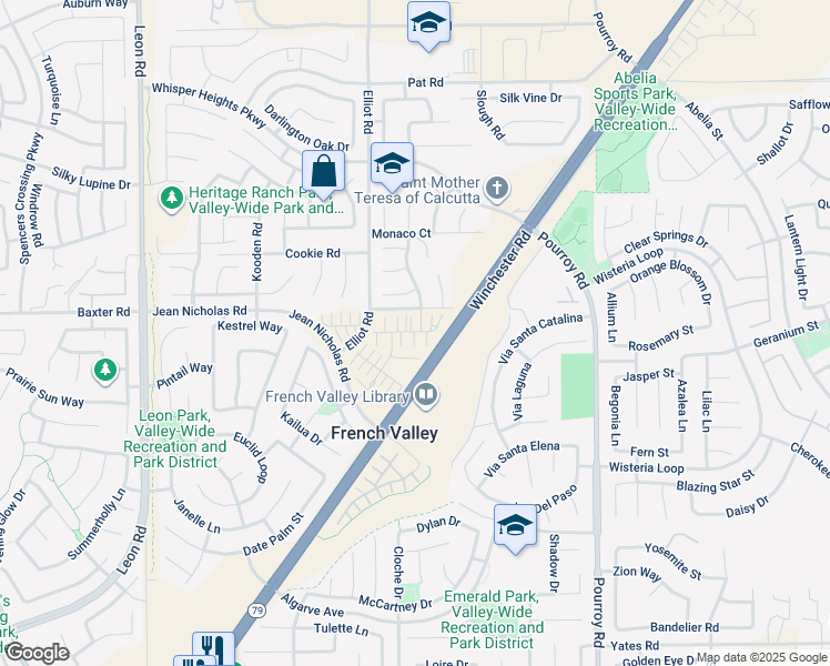 map of restaurants, bars, coffee shops, grocery stores, and more near 31649 Cobalite Drive in French Valley