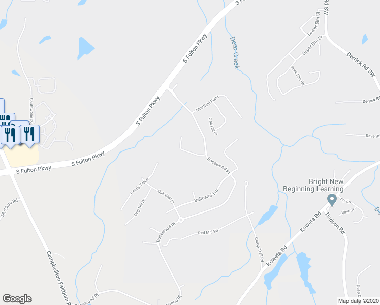 map of restaurants, bars, coffee shops, grocery stores, and more near Colonial View. in Fairburn