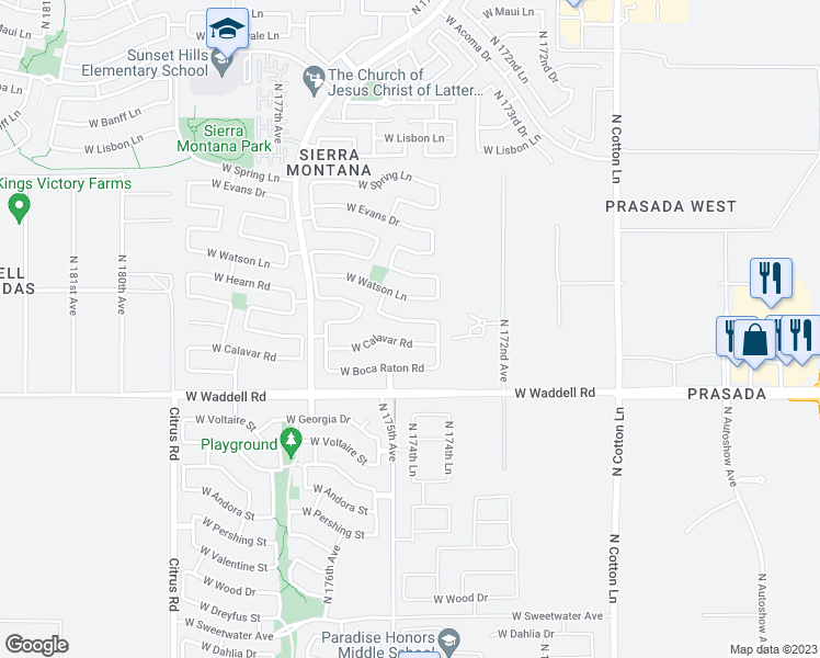 map of restaurants, bars, coffee shops, grocery stores, and more near 17451 West Ventura Street in Surprise