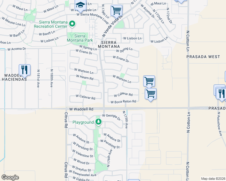 map of restaurants, bars, coffee shops, grocery stores, and more near 17547 West Ventura Street in Surprise