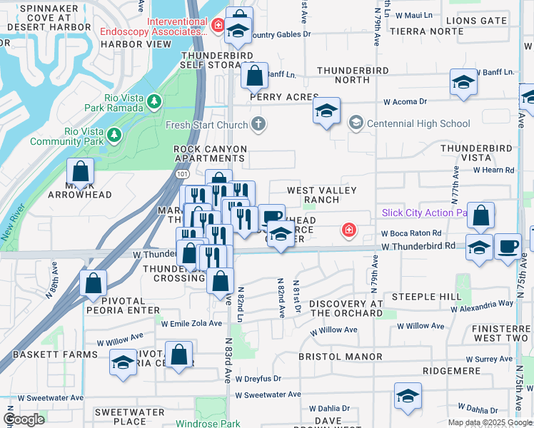 map of restaurants, bars, coffee shops, grocery stores, and more near 8175 West Ludlow Drive in Peoria