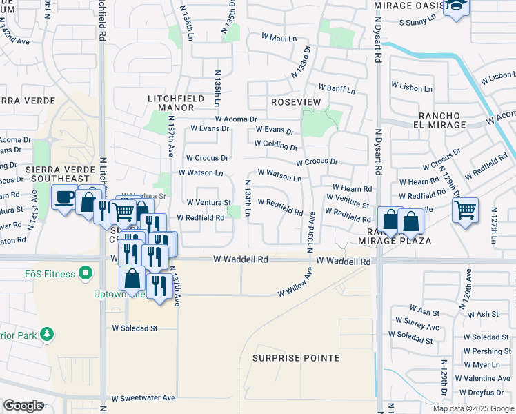 map of restaurants, bars, coffee shops, grocery stores, and more near 14123 North 134th Lane in Surprise