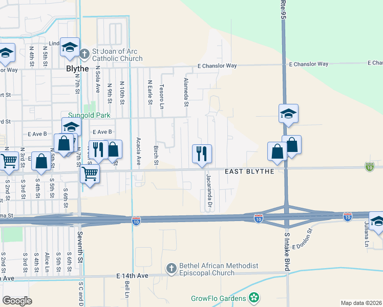 map of restaurants, bars, coffee shops, grocery stores, and more near 159 Date Road in Blythe