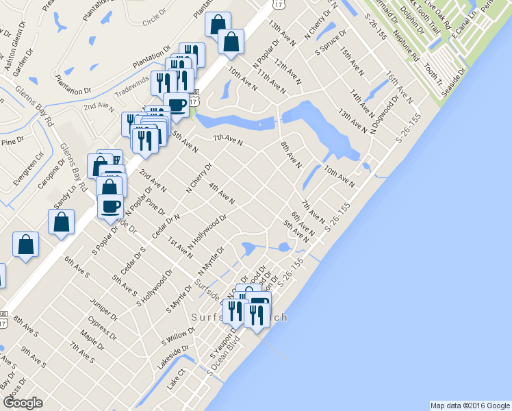 map of restaurants, bars, coffee shops, grocery stores, and more near 521 5th Avenue North in Myrtle Beach
