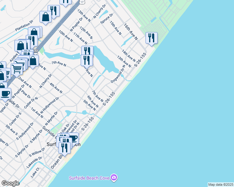 map of restaurants, bars, coffee shops, grocery stores, and more near 911 North Ocean Boulevard in Surfside Beach
