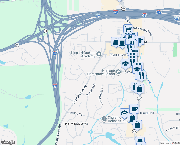 map of restaurants, bars, coffee shops, grocery stores, and more near 5275 Old Bill Cook Road in Atlanta