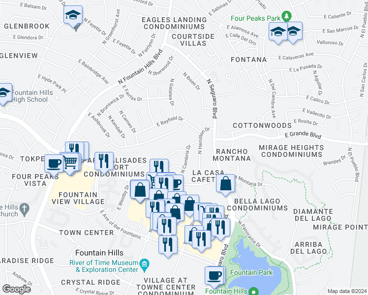 map of restaurants, bars, coffee shops, grocery stores, and more near 16754 East Westby Drive in Fountain Hills